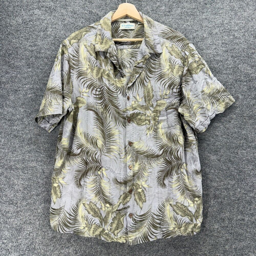 Caribbean Shirt Men XL Tall Gray Floral Button Up Collared Short Sleeve Silk